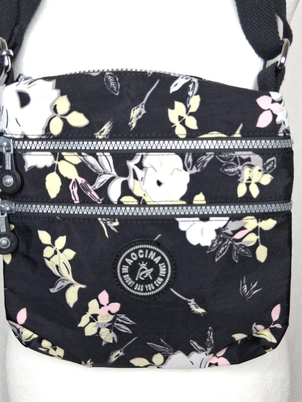 Aocina Small Black with Floral Crossbody Purse Lightweight Nylon Travel Bag